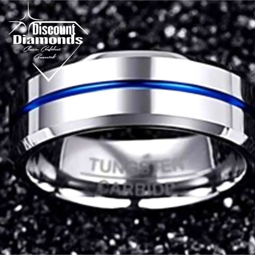 Men / Women / Unisex  Tungsten Polished Silver with Blue ION Plating